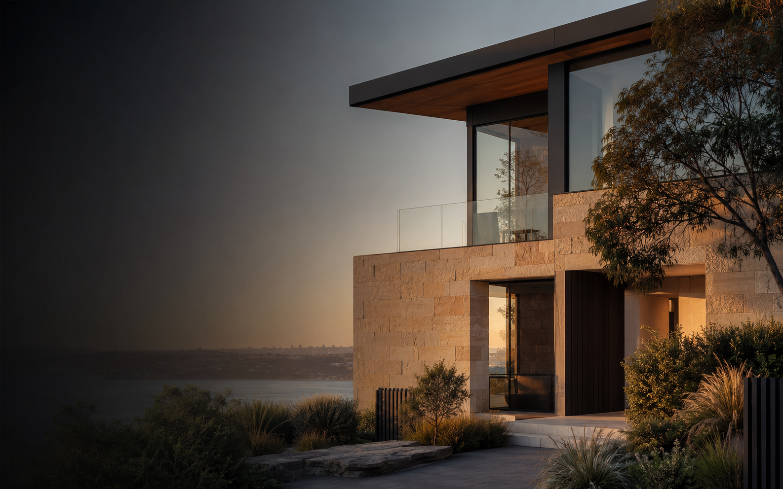 Modern architectural home at dusk